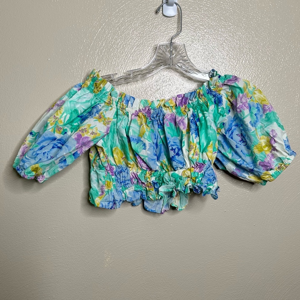 ZARA Mint Green Floral Cropped Off Shoulder Top Size Medium
